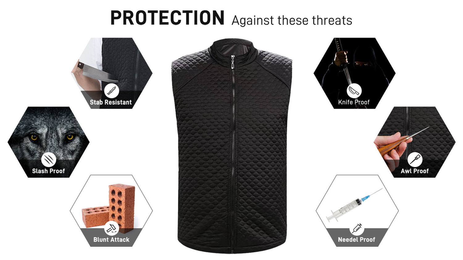 Black stab proof protective vest with features highlighted on a white background.
