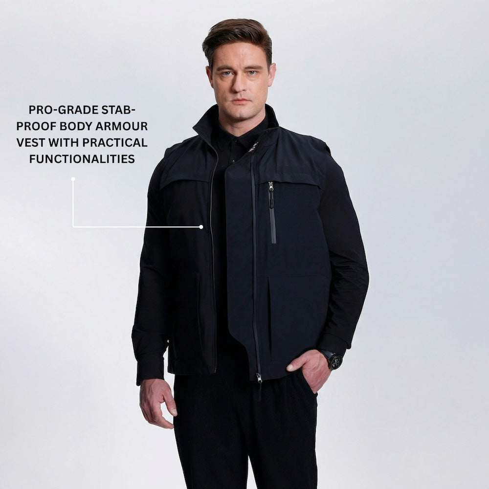 Man wearing a black body armour vest with text on a white background