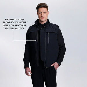 Man wearing a black body armour vest with text on a white background