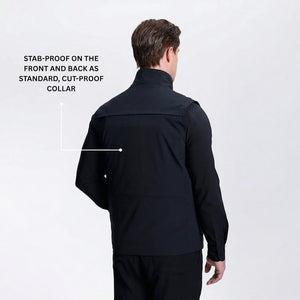 Back side of a person wearing a black stab-proof and cut-proof jacket on a white background