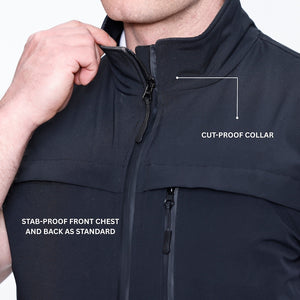 Black jacket with highlighted cut-proof collar and stab-proof features on a white background