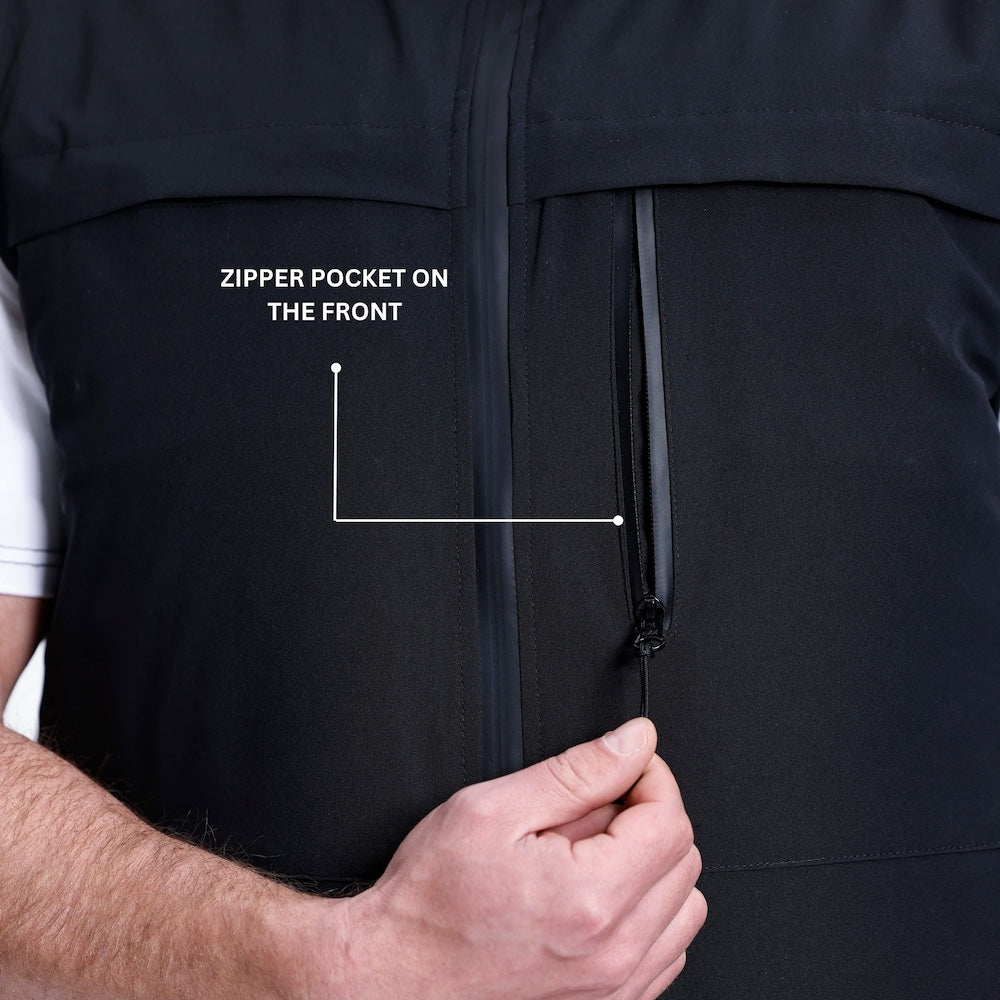 Black vest with a zipper pocket on the front, labeled with text.