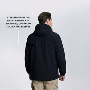Man wearing a black jacket with text highlighting its stab-proof features on a white background