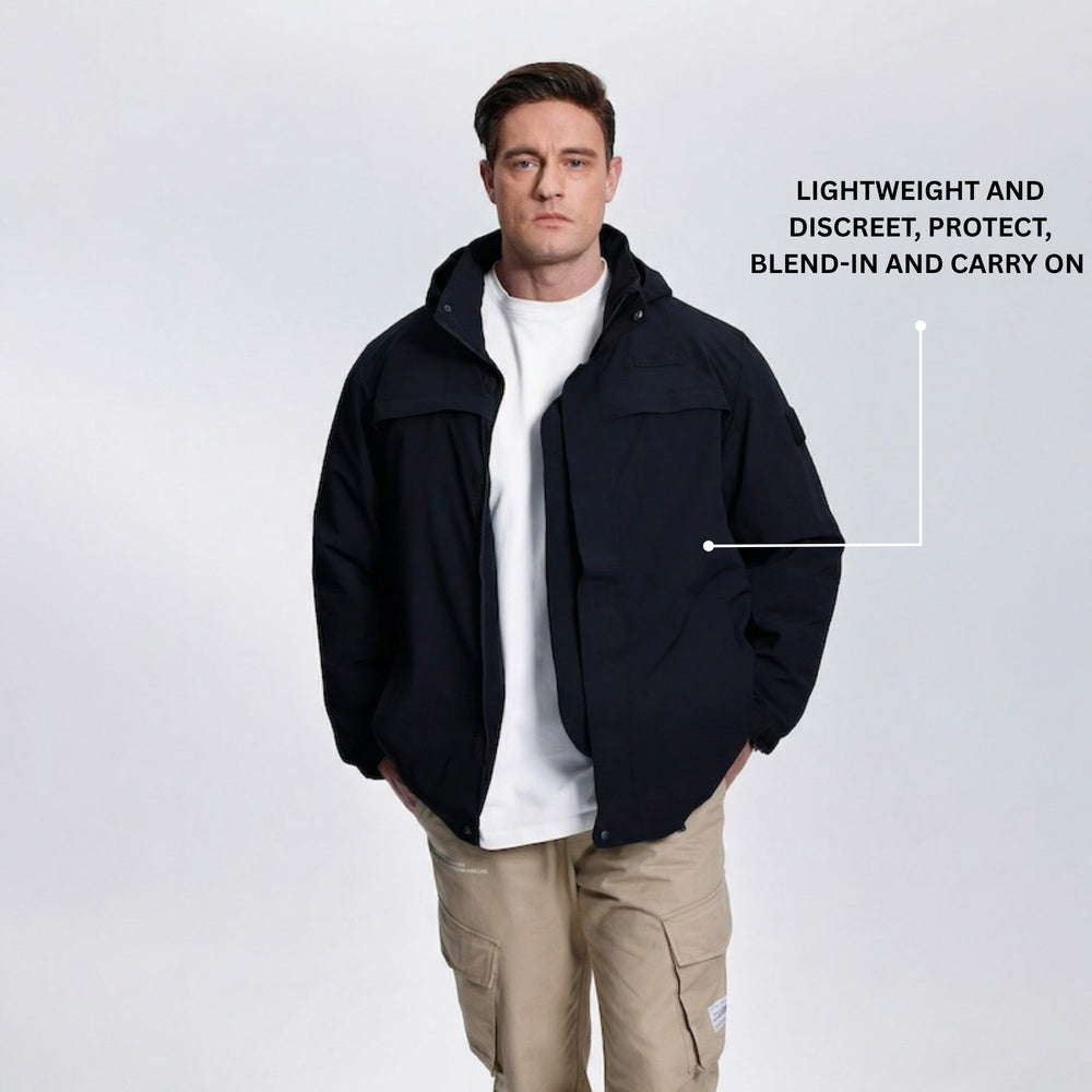 Man wearing a stab-proof black jacket with text on a white studio background