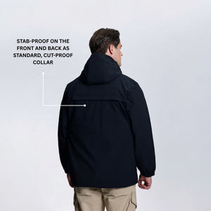 Back side of a man wearing a black jacket with text indicating stab-proof features on a white background