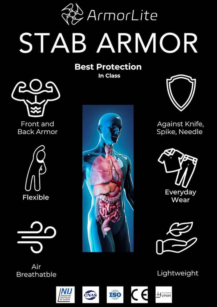 ArmorLite's stab proof clothing can protect your important parts and ensure flexibility