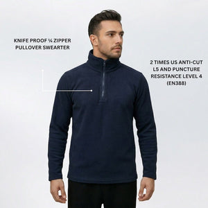 Model wearing fleece pullover sweater demonstrating discreet casual look