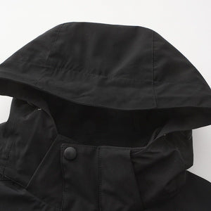 Trekker jacket fabric close-up showing weatherproof shell and cut-proof sleeves