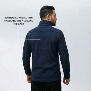 Back view of pullover sweater revealing full torso protection area