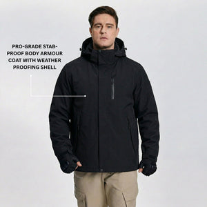 Weatherproof stab-proof coat on model showing all-weather design