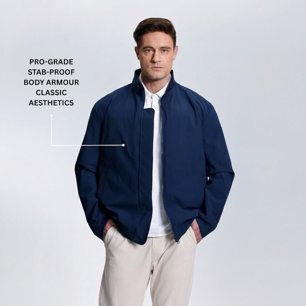 Diplomat Harrington jacket worn by model front view studio setting