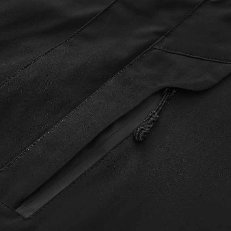 Jacket back emphasizing weatherproof shell and breathable construction